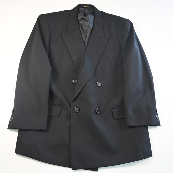 Vtg Rogatis 44S Black 100% Wool Double Breasted Boxy Suit Jacket Sport Coat